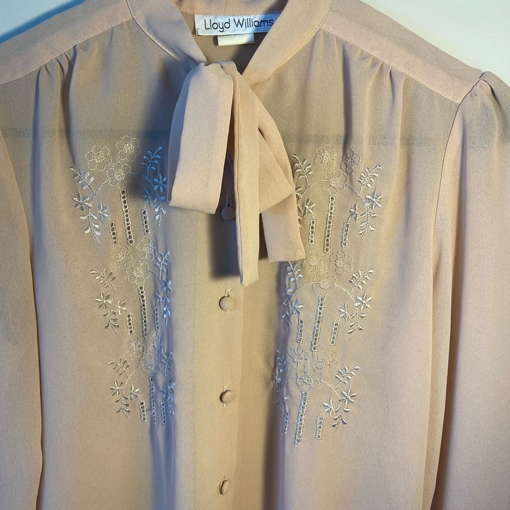 Lloyd Williams Vintage Sheer Floral Embroidery Front Button Up Pussy Bow top, 8 - Picture 9 of 10